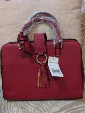 Classic Red Tassel Satchel Handbag  With Crossbody Strap NWT